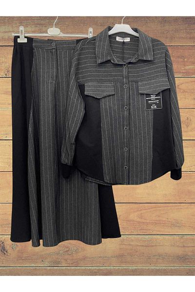Puane Anthracite Striped Women's Set - Shirt and Skirt with Elastic Side Skirt 14258