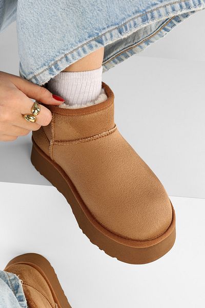 Shoeberry Tan Short Suede Boots - Γυναικεία Ύφασμα με Γούνα Εσωτερικά