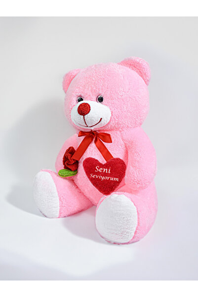 Princess Bear 75 cm Beyaz,Pembe,Kırmızı Peluş Sevgi Ayıcığı - Kırmızı Kalpli ve Gül Detaylı Oyuncak