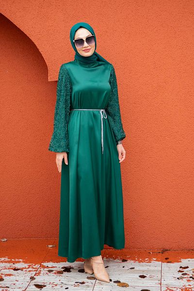 Tesettür Çarşım Emerald Satin Evening Dress - Bead Embroidered Sleeve Detail