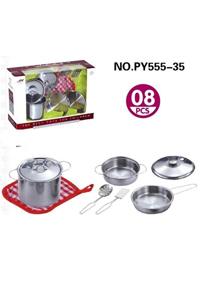 Genel Markalar 8 Parça Metal Paslanmaz Çelik Oyuncak Tencere Tava Seti  Aksesuarlı Mutfak Tencere Seti