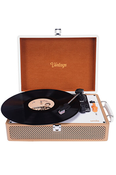 Umie Pikap Müzik Kutusu Vintage Nostaljik Retro Plak Iğne Dahil 3.5mm Bluetooth Aux Hoparlörlü Plak Pikap