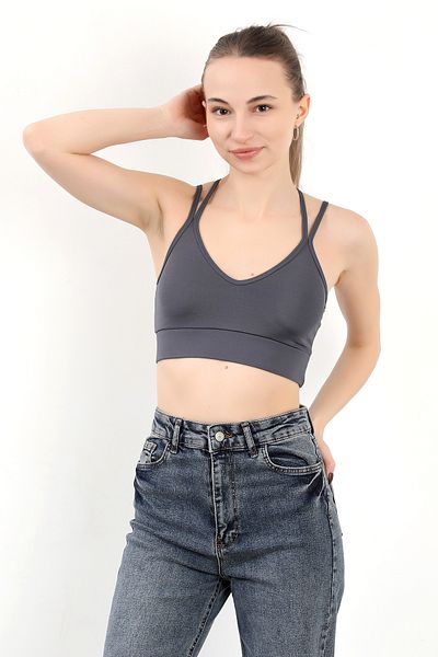 GİYSA Anthracite Covered Women's Bustier - Double String Straps and Back Cross Detail - 9024