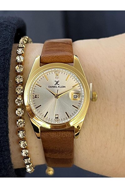 Daniel Klein Anneler Günü Minimal Kahverengi Deri Kordonlu Gold Kadın Kol Saati Suyolu Zirkon Bileklik