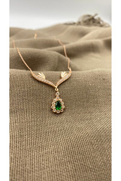 SURA SILVER YEŞİL DAMLA MODEL ZİRKON TAŞ 925 AYAR ROSE GÜMÜŞ KOLYE