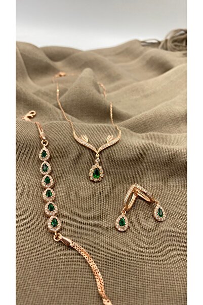 SURA SILVER YEŞİL DAMLA MODEL ZİRKON TAŞ 925 AYAR ROSE GÜMÜŞ SET (KOLYE,BİLEK...