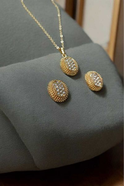 KYOLA DESİGN Minimalist Stone Necklace Earring Set Gold