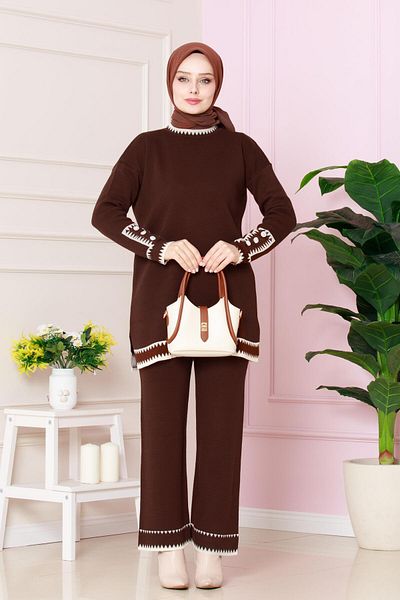 Sevitli Button Detailed Shepherd's Stitched Knitwear Set-Brown