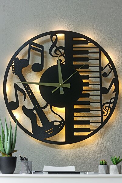 Blackdekor 40 Cm Müzik Temalı Dekoratif Duvar Saati - Gitar, Nota Ve Piyano T...