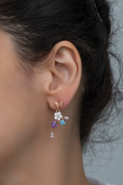 Nereze 925 Ayar Gümüş Kelebek ve Yonca Bahar Çiçeği Manolya Kolye ve Küpe Set