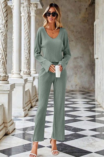 Deafox Mint V-Neck Wide Ribbed Camisole Set
