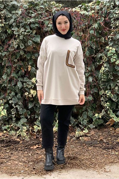 Moda Rosa 25K4446 - Beige - Modal Embroidered Pocket Tunic