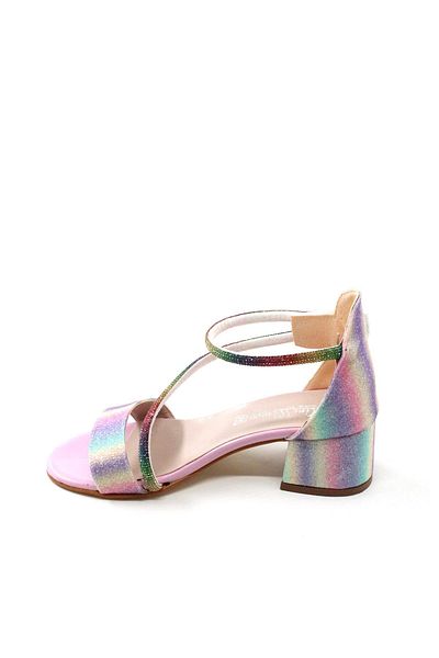 Pabuçland Stone Detailed Glittery Velcro Girls' Heeled Evening Dress Sandals Rainbow
