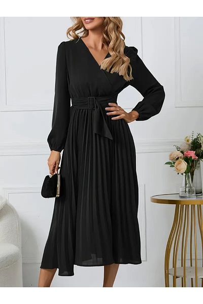 Moda Asmira Women's Long Sleeve Double Breasted Neckline Buckle Detail on Waist Pleated Long Imported Crepe Dress