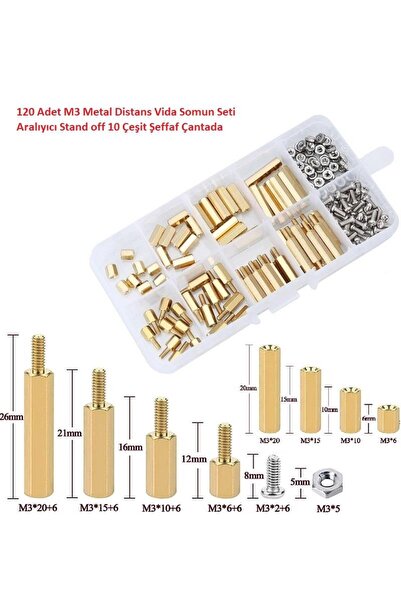 Genel Markalar 120 Adet M3 Metal Distans Vida Somun Seti Aralıyıcı Stand off ...