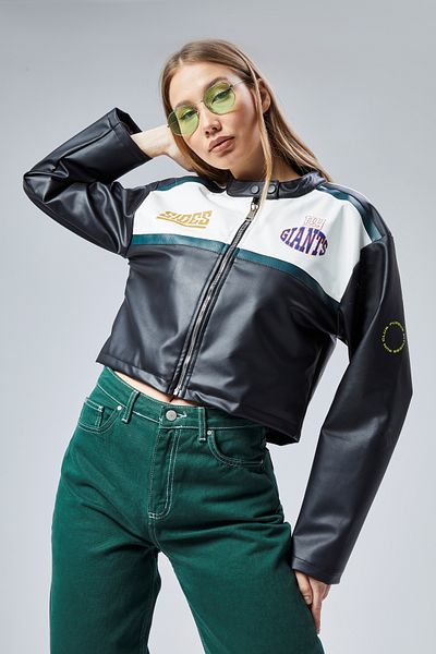 Black Level Oversize Women's Biker Coat - Leather Stripe, Short Zipper, Racer Jacket Bomber College Coat