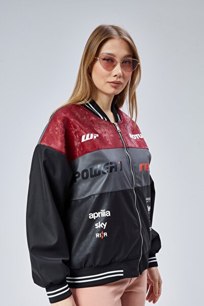 CHOS7N Women's Oversize Printed Biker Racer Coat College Jacket