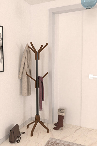 VİLİNZE Vesti Ahşap Kestane Ayaklı Metal Portmanto Elbise Askılık