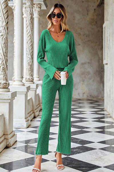 Deafox Zöld, széles bordás kamisole V-nyakú alsó felső szett