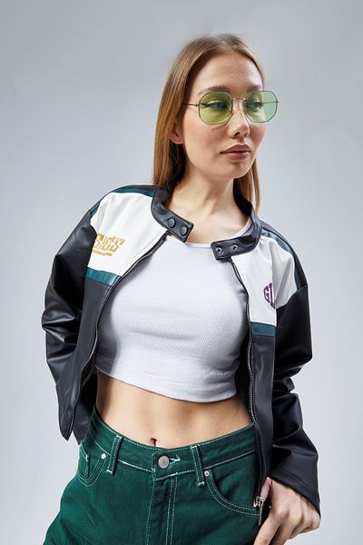Black Level Oversize Women's Biker Coat - Leather Stripe, Short Zipper, Racer Jacket Bomber College Coat