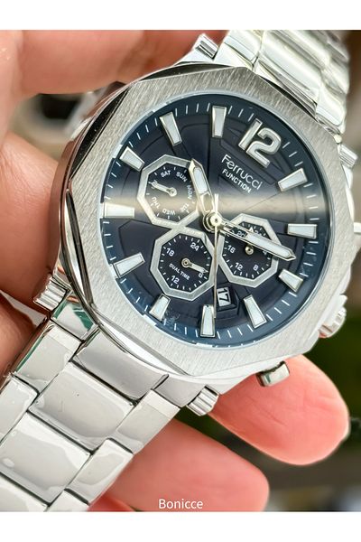Ferrucci Brand Silver Color Steel Band Navy Blue Dial Men Wristwatch Rosary Bracelet