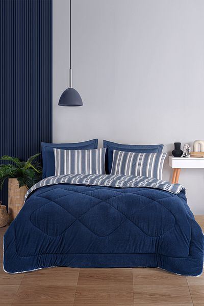 Eponj Home Διπλό Σετ Ύπνου Wellsoft Πάπλωμα Αφράτο 4 τεμαχίων Soft Line Navy Blue
