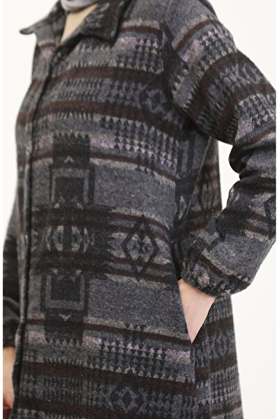 sefamerve Etnik Desen Düğmeli Kap 0556-11 Antrasit Kahverengi