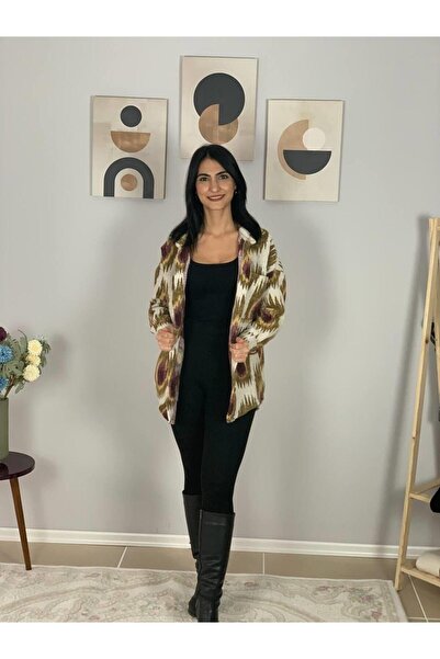 YusGos Women's Single Pocket Print Thick Lumberjack Jacket Shirt (Flame Pattern)