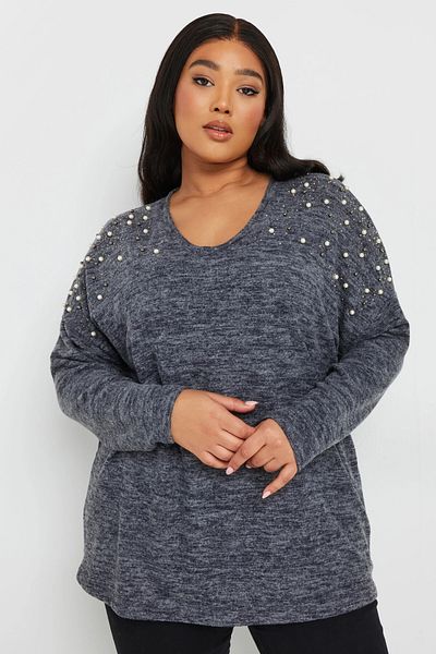 Stil Diva Plus Size V Neck Long Sleeve Shoulder Beading Embroidered Sweater 322302