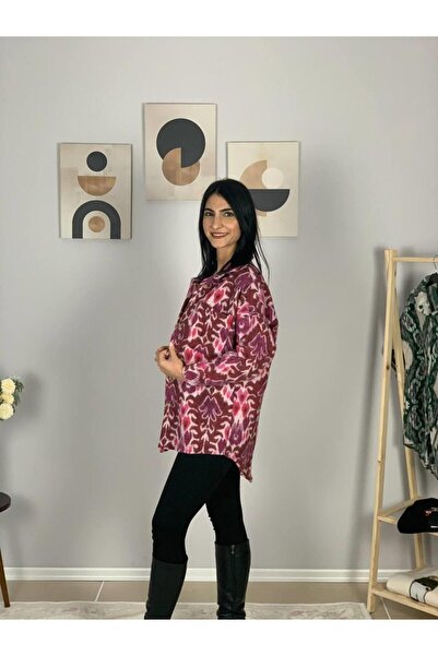 YusGos Women's Single Pocket Print Thick Lumberjack Jacket Shirt (Fuchsia)