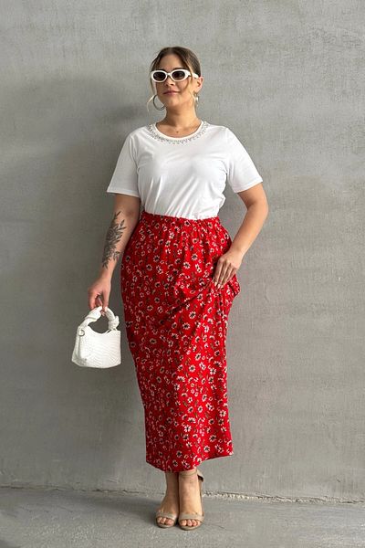 Stil Diva Plus Size Elastic Waist Long Cut Floral Print Pocketless Skirt 303898