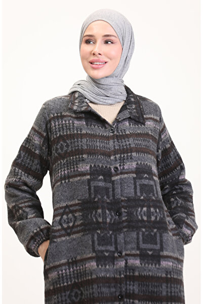 sefamerve Etnik Desen Düğmeli Kap 0556-11 Antrasit Kahverengi