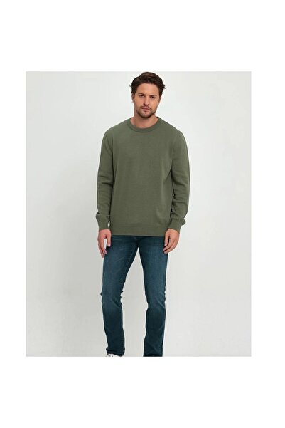 Lonca Tekstil Khaki Green Men's Regular Cut Crew Neck Basic Plain Knitwear Sweater