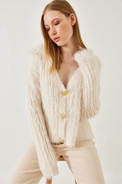 Bianco Lucci Women's Polo Neck Gold Buttoned Fur Look Cardigan