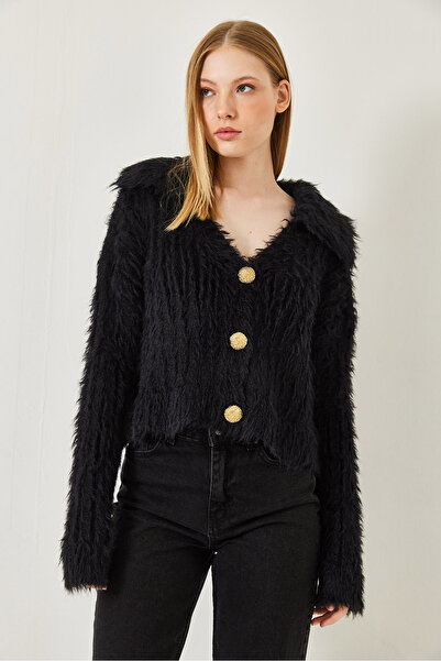 Bianco Lucci Women's Polo Neck Gold Buttoned Fur Look Cardigan 241131 60261299