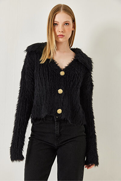 Bianco Lucci Women's Polo Neck Gold Buttoned Fur Look Cardigan 241131 60261299