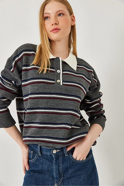 Bianco Lucci Pulover de damă cu guler polo cu nasturi în dungi 241247 60261287