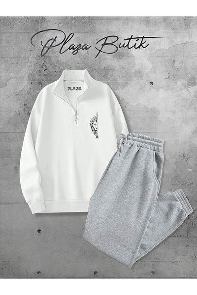 Plaza Butik Men's Half Zipper Sweatshirt Men's Lion Printed Bottom Top Tracksuit Set