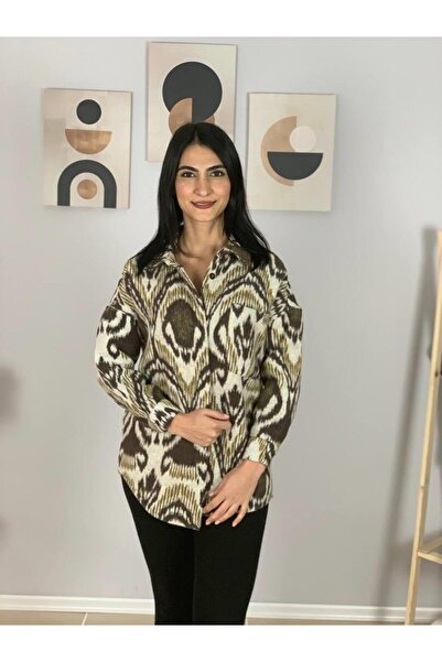 YusGos Women's Single Pocket Print Thick Lumberjack Jacket Shirt (Hardal-Khaki)