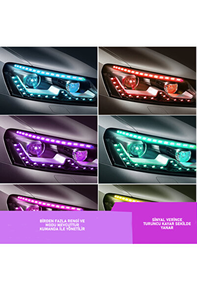 XMOD Oto Far Içi Kristal Şerit Renkli Led Kumandalı Kayan Dizayn Sinyalli Çok Renkli Ve Modlu 16 Led