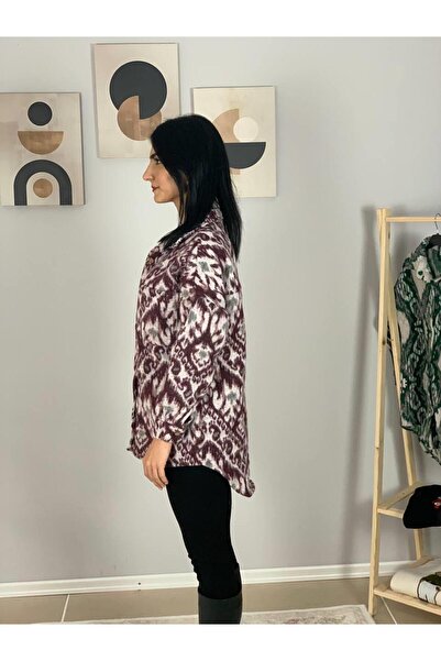 YusGos Women's Single Pocket Print Thick Lumberjack Jacket Shirt (Burgundy)