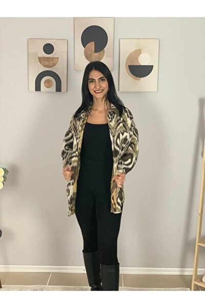 YusGos Women's Single Pocket Print Thick Lumberjack Jacket Shirt (Hardal-Khaki)