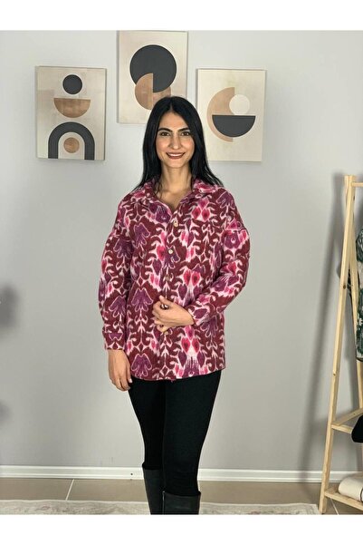 YusGos Women's Single Pocket Print Thick Lumberjack Jacket Shirt (Fuchsia)