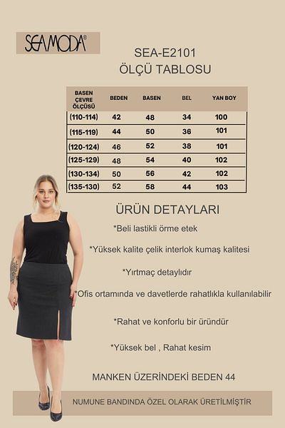 Seamoda Large Size Steel Interlock Slit Knitted Skirt-Anthracite