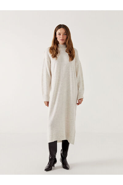 LC Waikiki Lcw Comfort Beige Half Turtleneck Oversize Women's Knitwear Dress
