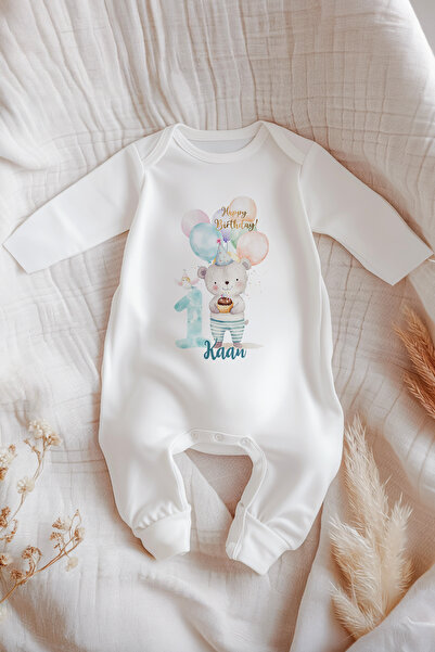 Astral Baby İsme Özel İsimli Doğum Günü Bebek Tulum 1 Yaş Pijamalı Ayıcık