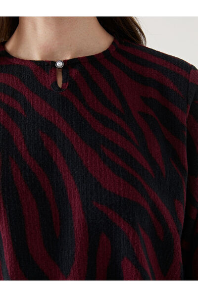 LC Waikiki Burgundy Crew Neck Patterned Dress