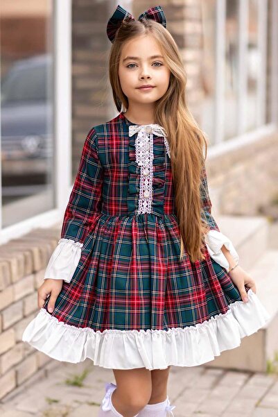 Riccotarz Girl's Colorful Plaid Print Collar Ribbon Hem Ruffled Green Dress