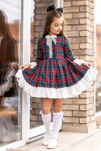 Riccotarz Girl's Colorful Plaid Print Collar Ribbon Hem Ruffled Green Dress