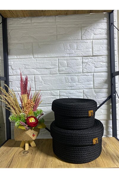 Metasupla Black Wicker Basket Set with Polyester Thread - Set of 2 Wicker Org...